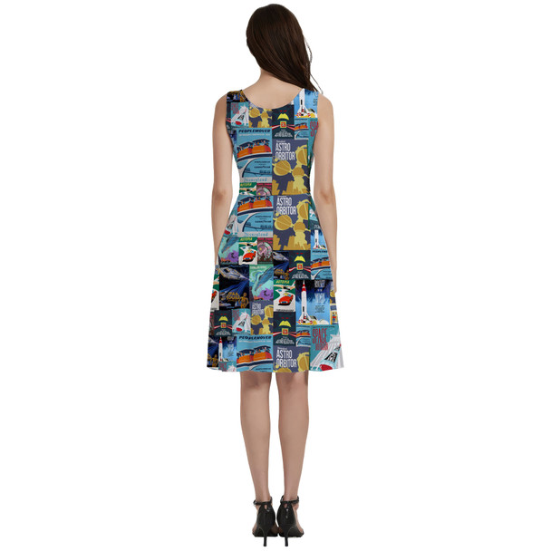 V-Neck Pocket Skater Dress - Tomorrowland Vintage Attraction Posters