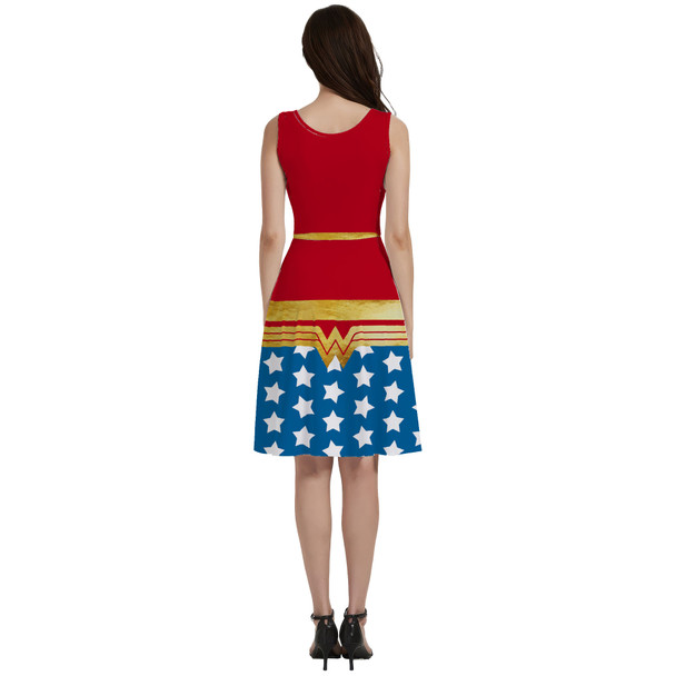 V-Neck Pocket Skater Dress - Wonder Woman Super Hero Inspired