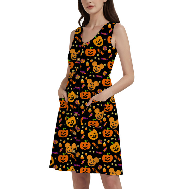 Button Front Pocket Dress - Halloween Mickey Pumpkins