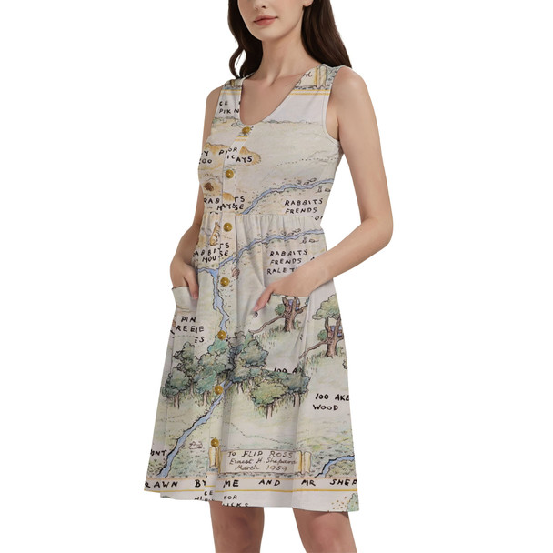 Button Front Pocket Dress - Hundred Acre Wood Map Winnie The Pooh Inspired