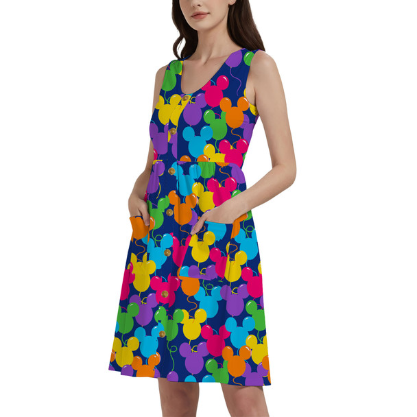 Button Front Pocket Dress - Mickey Ears Balloons Disney Inspired
