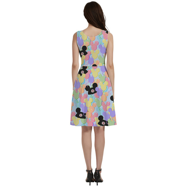 V-Neck Pocket Skater Dress - Pastel Mickey Ears Balloons Disney Inspired