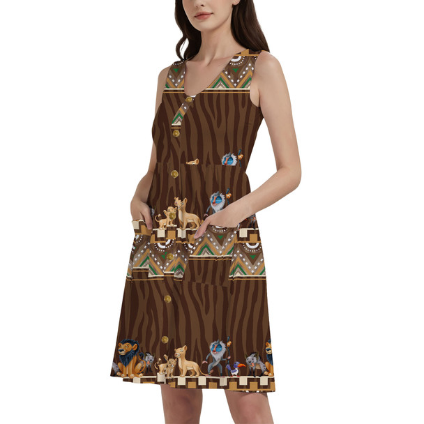 Button Front Pocket Dress - Tribal Stripes Lion King Inspired