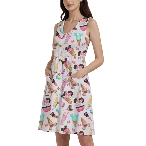 Button Front Pocket Dress - Mouse Ears Snacks in Pastel Watercolor