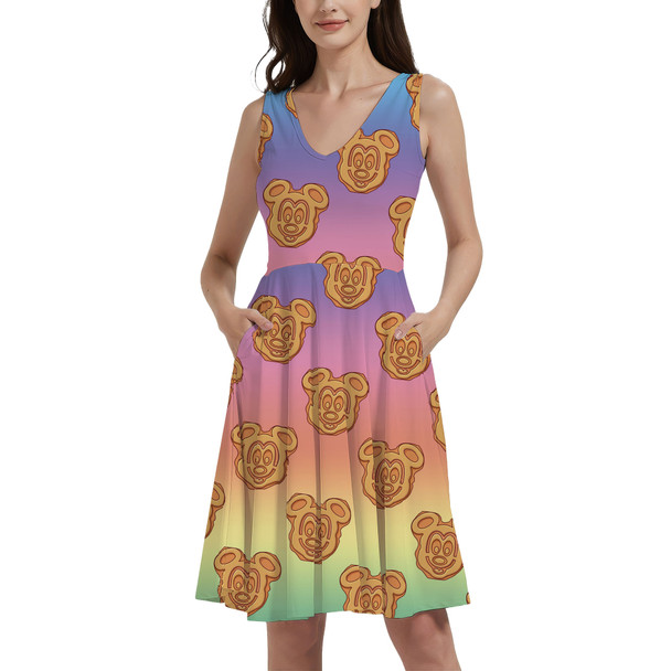 V-Neck Pocket Skater Dress - Mickey Waffles Rainbow