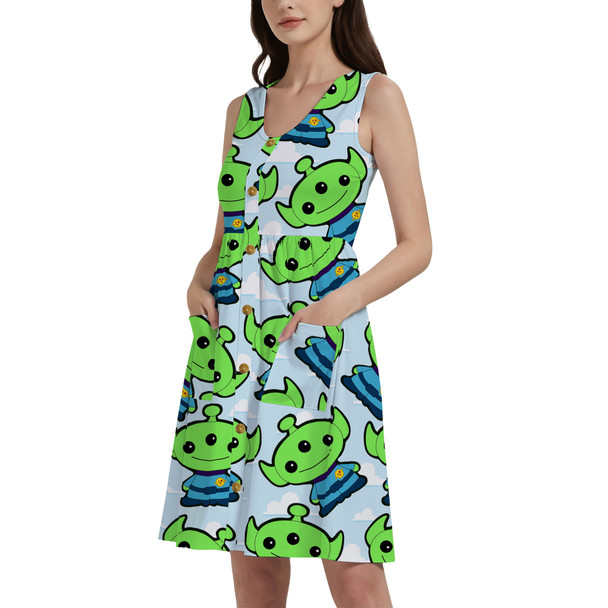 Button Front Pocket Dress - Little Green Aliens Toy Story Inspired
