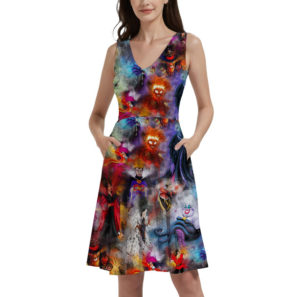 V-Neck Pocket Skater Dress - Watercolor Villains