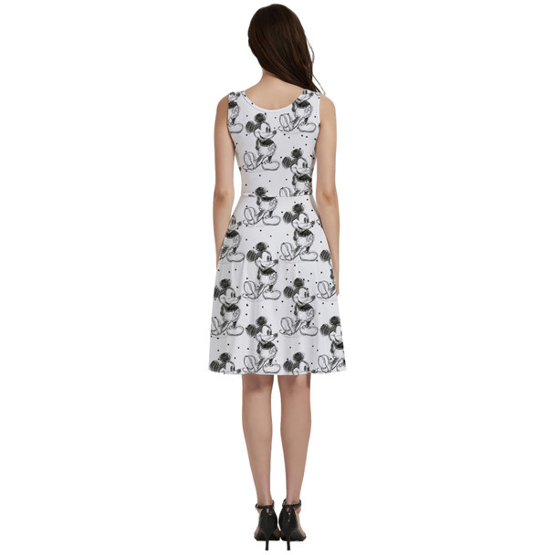 V-Neck Pocket Skater Dress - Sketch of Mickey Mouse