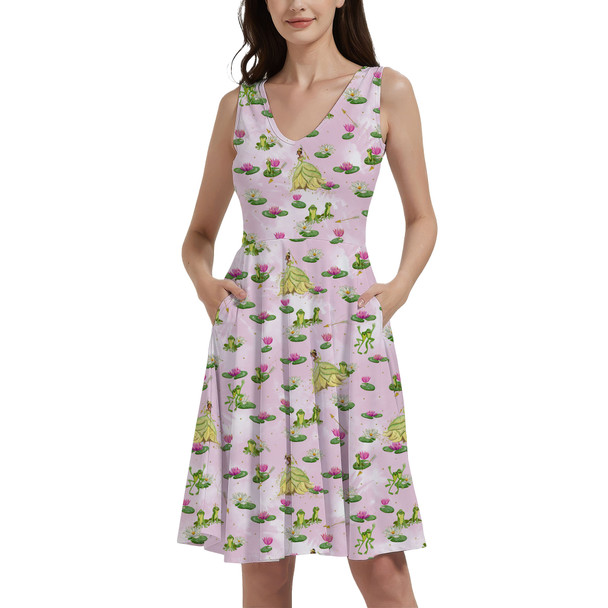 V-Neck Pocket Skater Dress - Watercolor Princess Tiana & The Frog