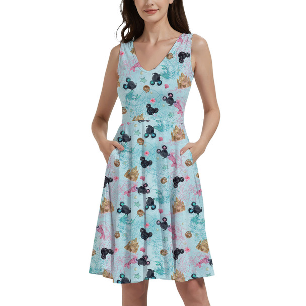 V-Neck Pocket Skater Dress - Watercolor Minnie Mermaids