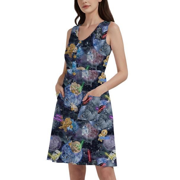 Button Front Pocket Dress - Watercolor Star Wars Battle