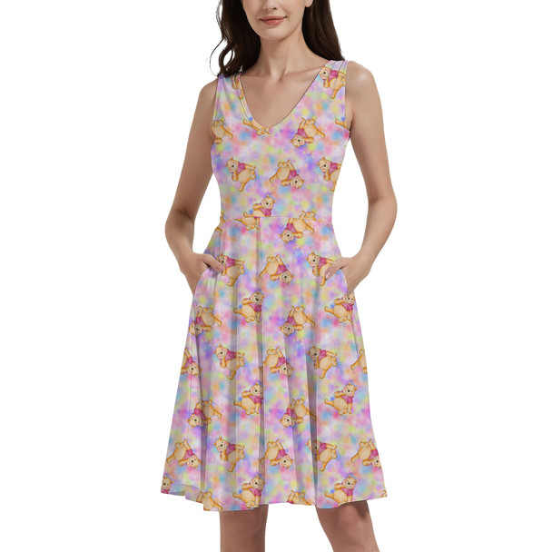 V-Neck Pocket Skater Dress - Watercolor Pooh Bear