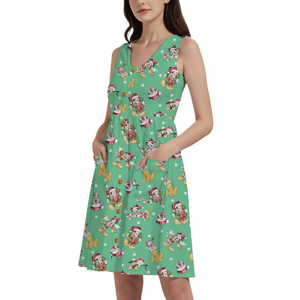 Button Front Pocket Dress - Merry Mickey Christmas