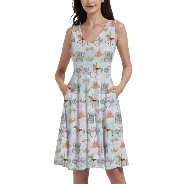 V-Neck Pocket Skater Dress - Main Attraction Disney Carousel