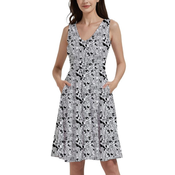 V-Neck Pocket Skater Dress - Comic Book Mickey Mouse & Friends