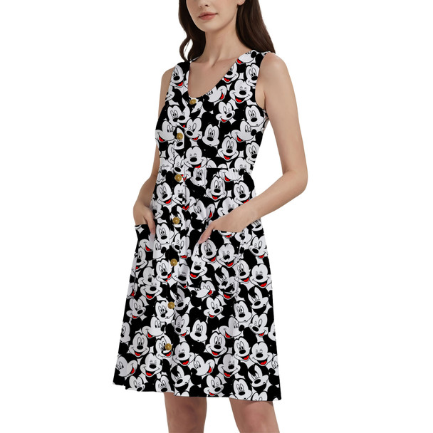 Button Front Pocket Dress - Many Faces of Mickey Mouse