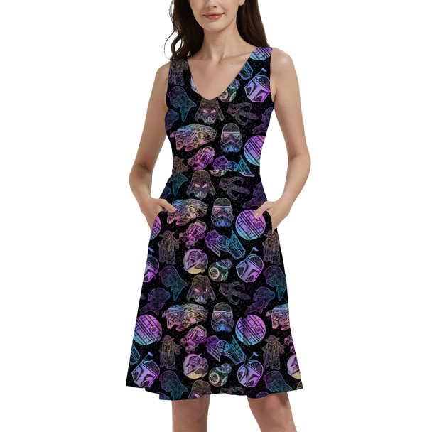 V-Neck Pocket Skater Dress - Star Wars Watercolor Mandalas