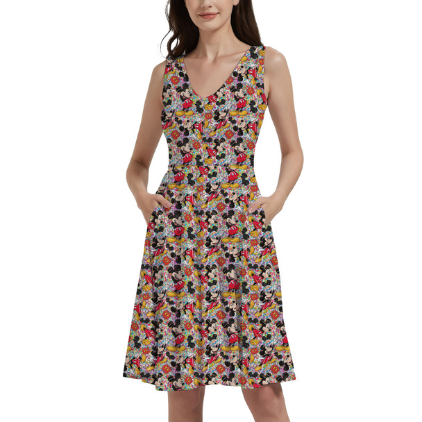 V-Neck Pocket Skater Dress - Mickey Mouse Sketched