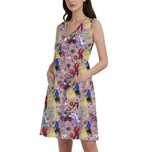 Button Front Pocket Dress - Beauty And The Beast Sketched