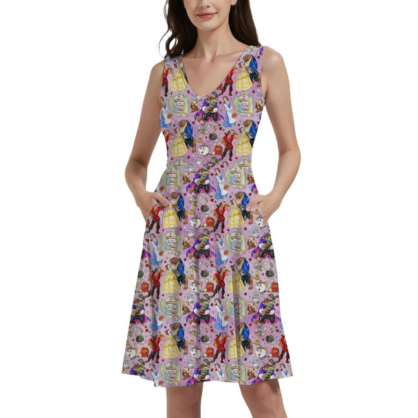 V-Neck Pocket Skater Dress - Beauty And The Beast Sketched