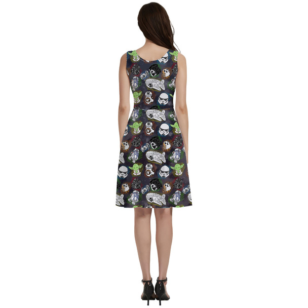 V-Neck Pocket Skater Dress - Sketched Star Wars