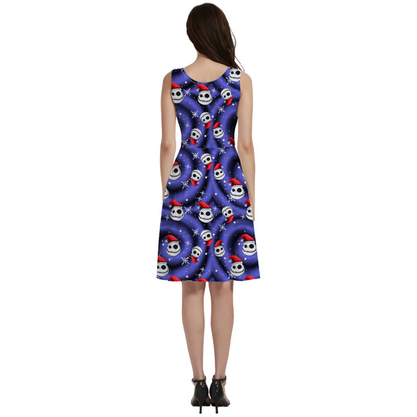 V-Neck Pocket Skater Dress - Jack Skellington with Santa Hat