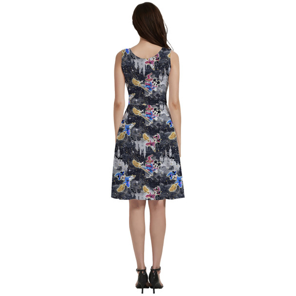 V-Neck Pocket Skater Dress - Watercolor Halloween Mickey & Minnie