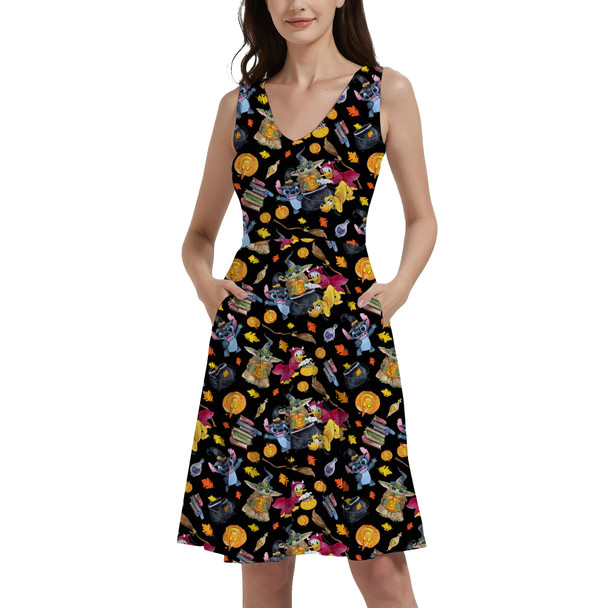 V-Neck Pocket Skater Dress - Watercolor Disney Halloween Friends