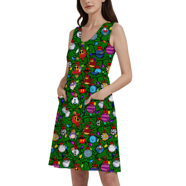 Button Front Pocket Dress - Disney Christmas Baubles on Green