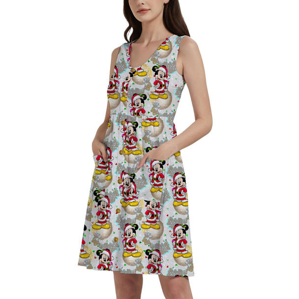 Button Front Pocket Dress - Santa Mickey Mouse