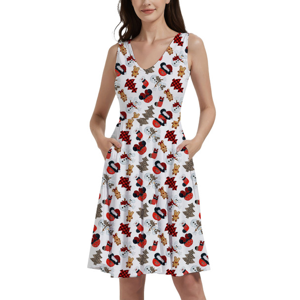 V-Neck Pocket Skater Dress - Buffalo Plaid Mouse Ears Christmas