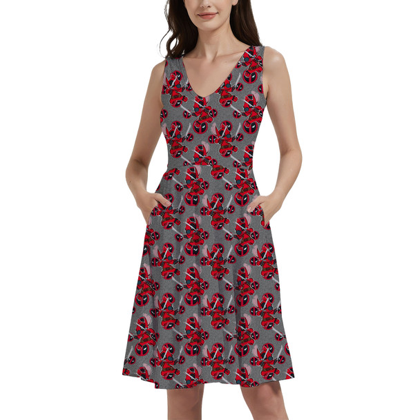 V-Neck Pocket Skater Dress - Superhero Stitch - Deadpool