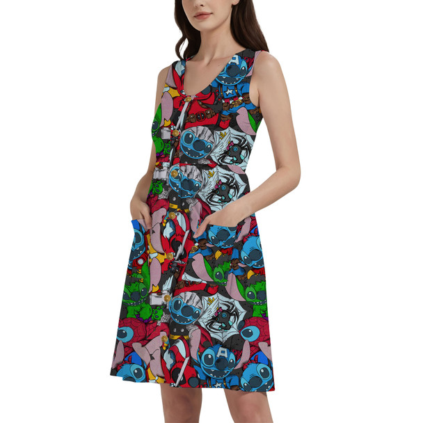 Button Front Pocket Dress - Superhero Stitch - All Heroes Stacked