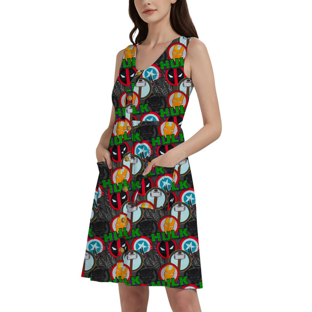 Button Front Pocket Dress - Superhero Stitch - Superhero Badges