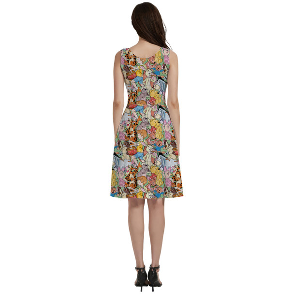 V-Neck Pocket Skater Dress - Sketched Pooh Characters