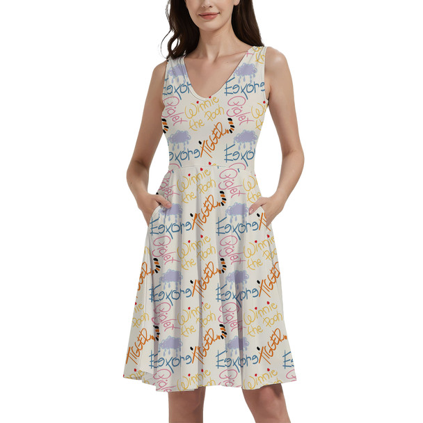 V-Neck Pocket Skater Dress - Sketched Pooh Autographs