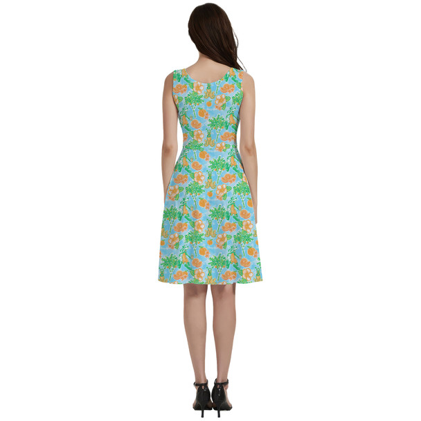 V-Neck Pocket Skater Dress - Neon Floral Tangerine Goofy & Pluto