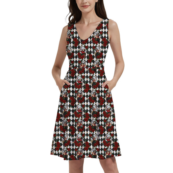V-Neck Pocket Skater Dress - Queen of Hearts Playing Cards