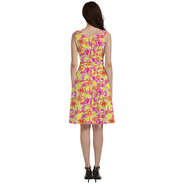 V-Neck Pocket Skater Dress - Neon Tropical Floral Mickey & Friends