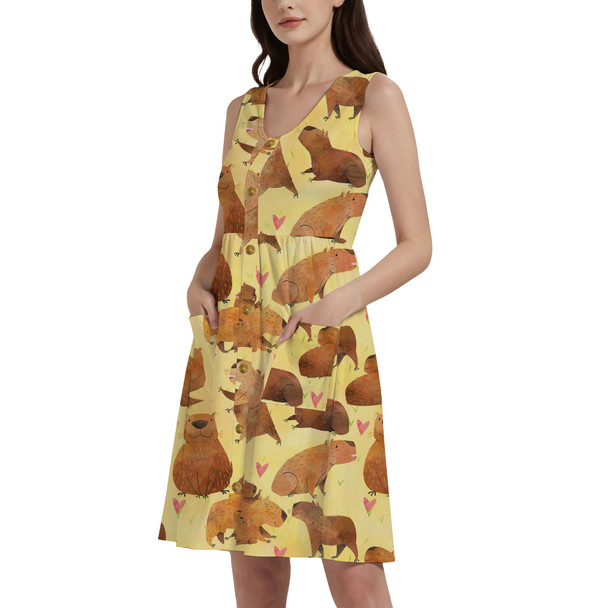 Button Front Pocket Dress - Capybara Love