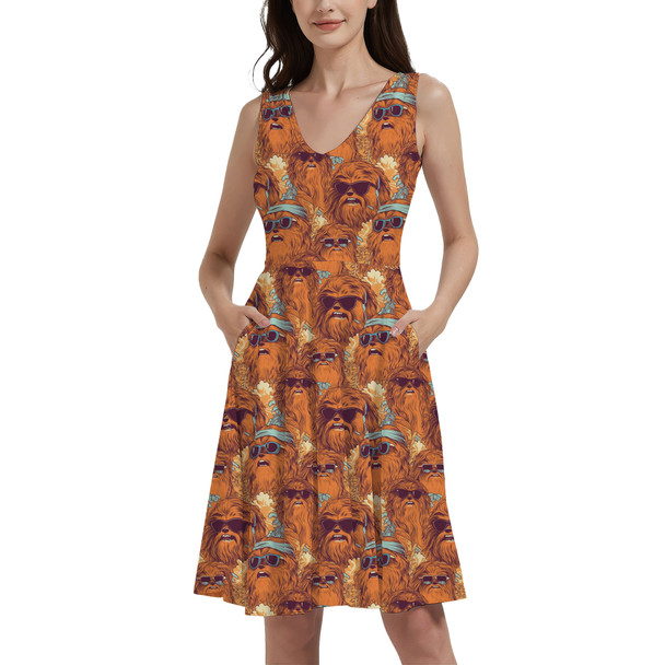 V-Neck Pocket Skater Dress - Retro Chewbacca Summer Vibes