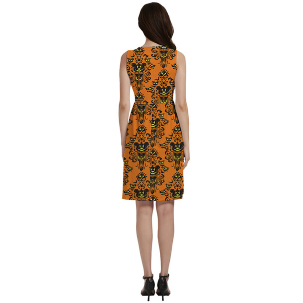 Button Front Pocket Dress - Haunted Halloween Mansion Wallpaper