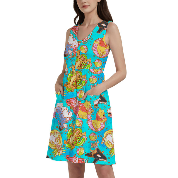 Button Front Pocket Dress - Pool Floats Pooh