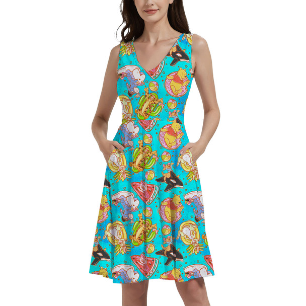 V-Neck Pocket Skater Dress - Pool Floats Pooh