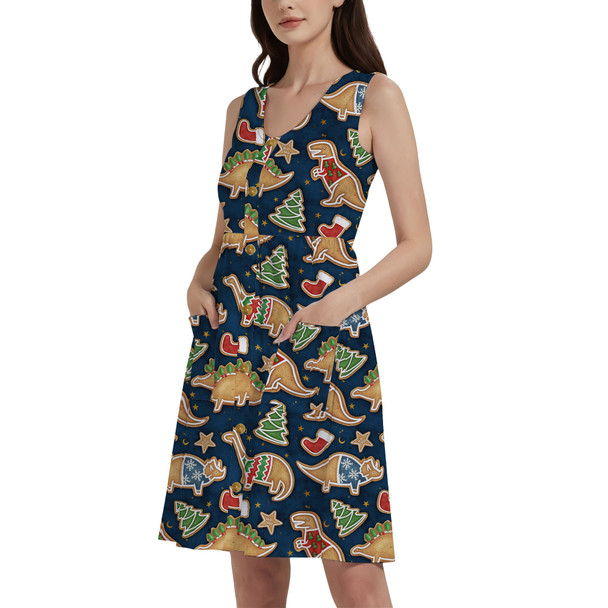 Button Front Pocket Dress - Gingerbread Cookie Christmas Dinosaurs