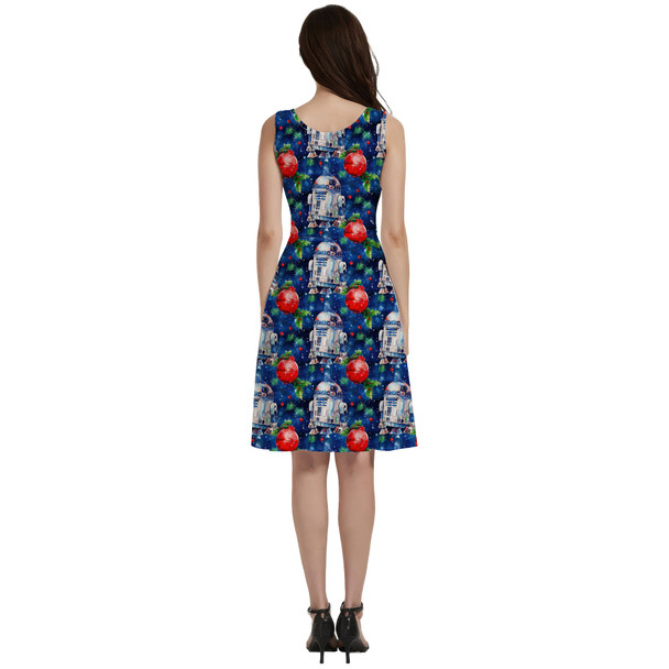 V-Neck Pocket Skater Dress - Little Blue Christmas Droid