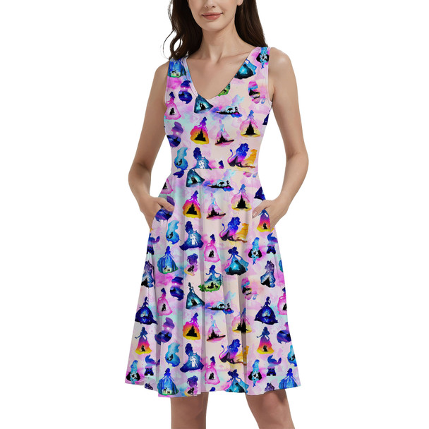 V-Neck Pocket Skater Dress - Princess And Classic Animation Silhouettes