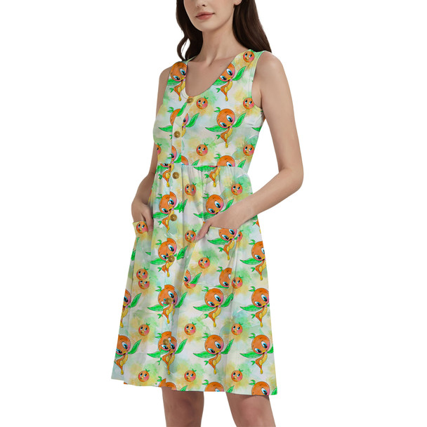 Button Front Pocket Dress - Think (Orange) Bird Thoughts