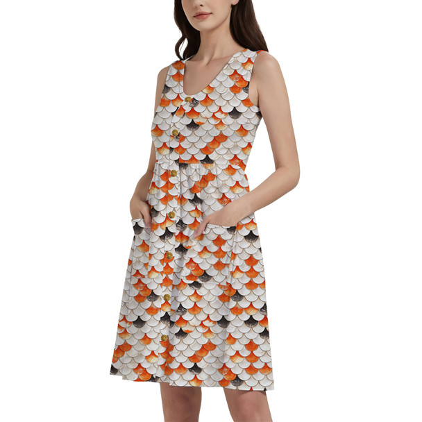 Button Front Pocket Dress - Animal Print - Koi Fish