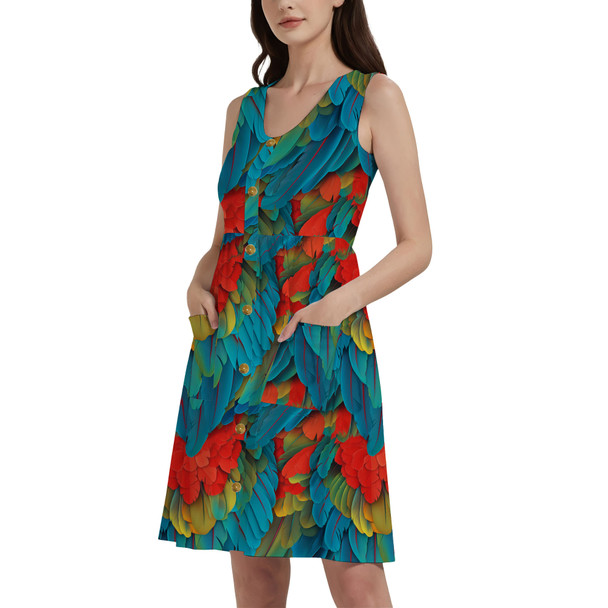 Button Front Pocket Dress - Animal Print - Macaw Parrot